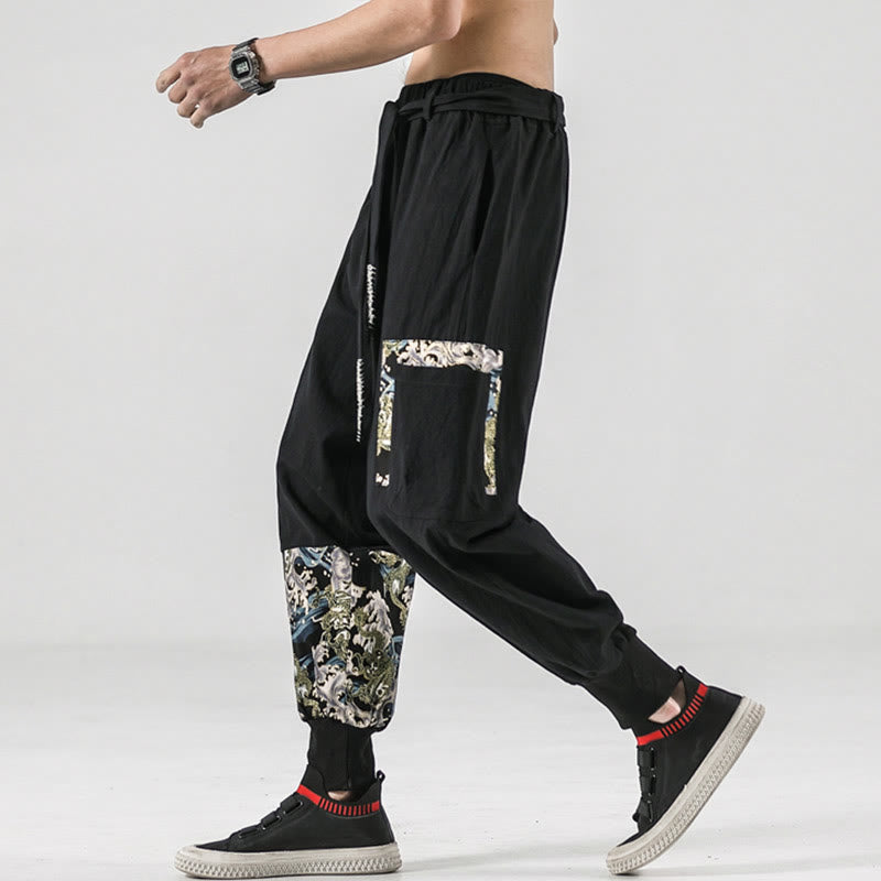 Ocean Waves Lace-up Cotton Men's Harem Pants With Pockets