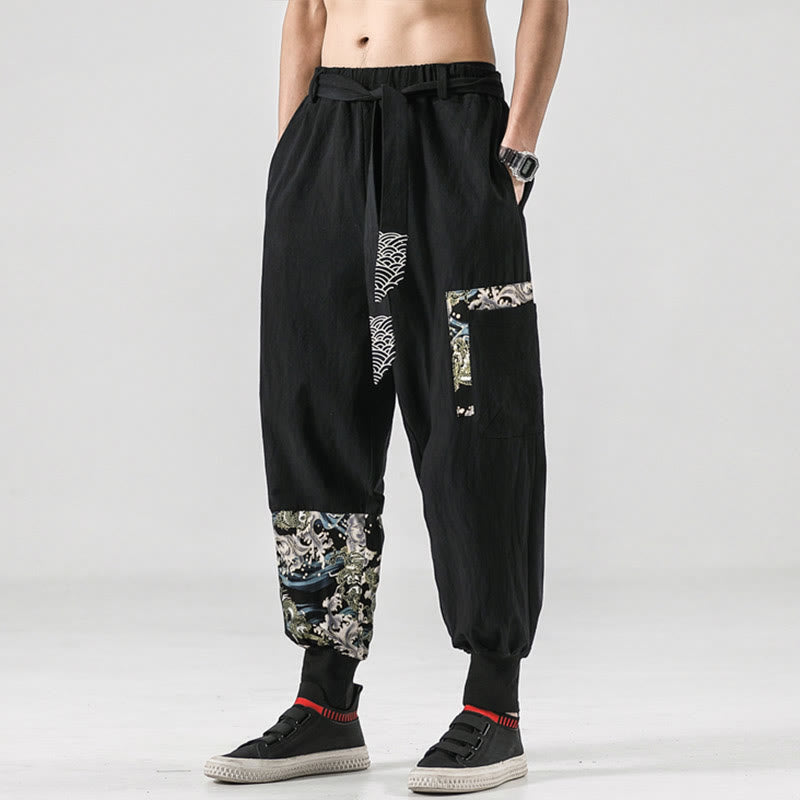 Ocean Waves Lace-up Cotton Men's Harem Pants With Pockets
