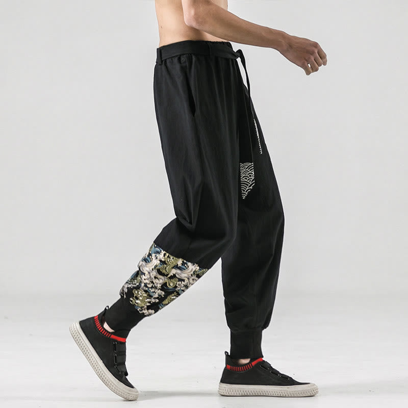 Ocean Waves Lace-up Cotton Men's Harem Pants With Pockets