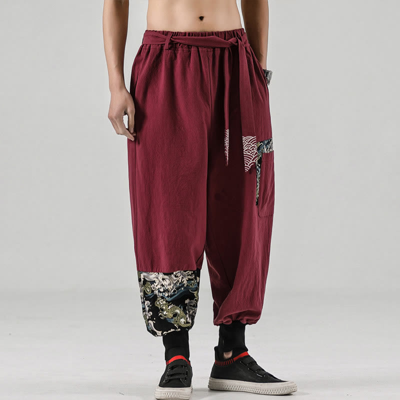 Ocean Waves Lace-up Cotton Men's Harem Pants With Pockets