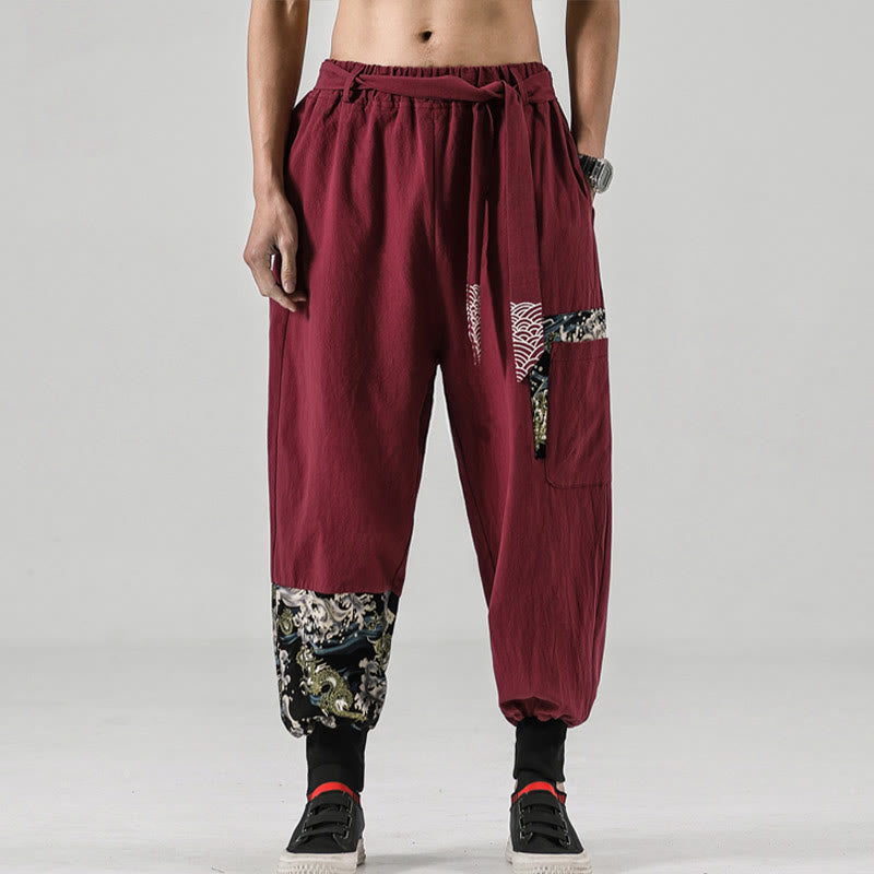 Ocean Waves Lace-up Cotton Men's Harem Pants With Pockets