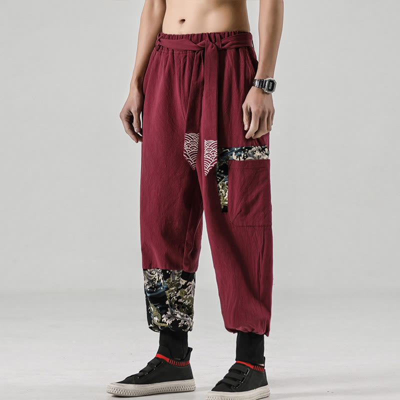 Ocean Waves Lace-up Cotton Men's Harem Pants With Pockets