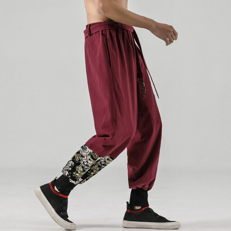 Ocean Waves Lace-up Cotton Men's Harem Pants With Pockets