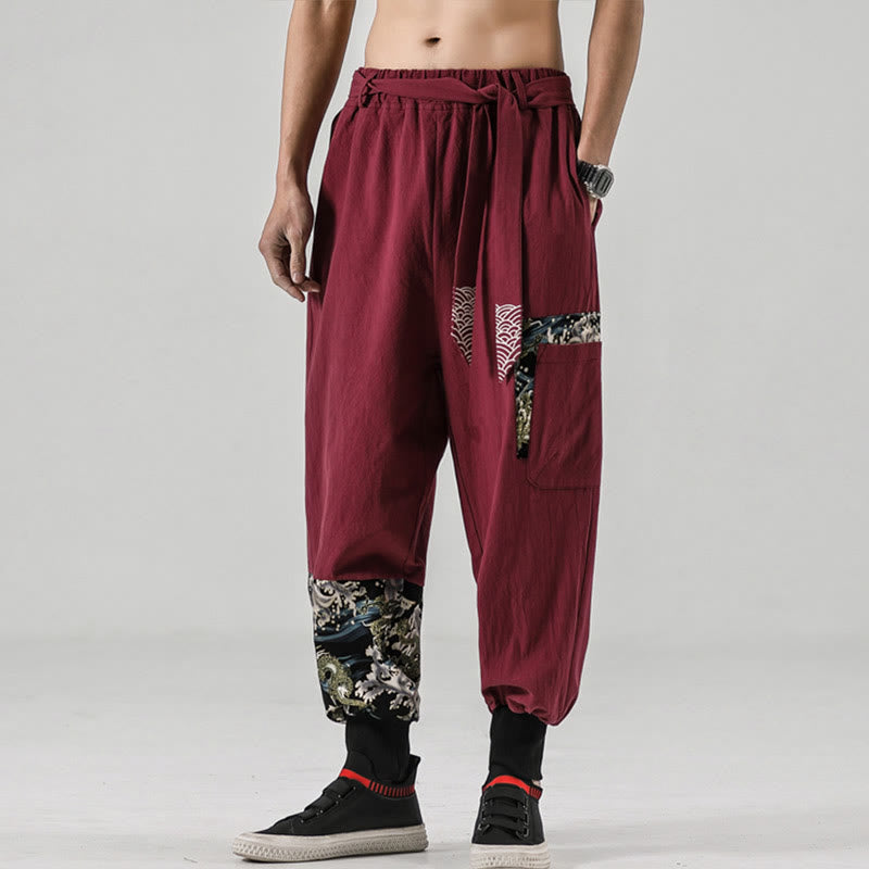 Ocean Waves Lace-up Cotton Men's Harem Pants With Pockets