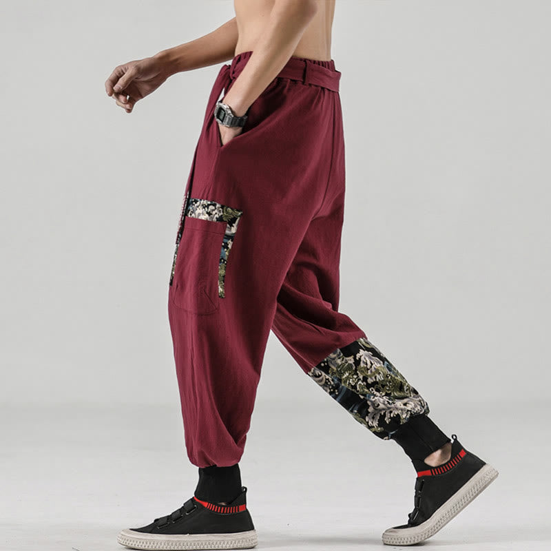 Ocean Waves Lace-up Cotton Men's Harem Pants With Pockets