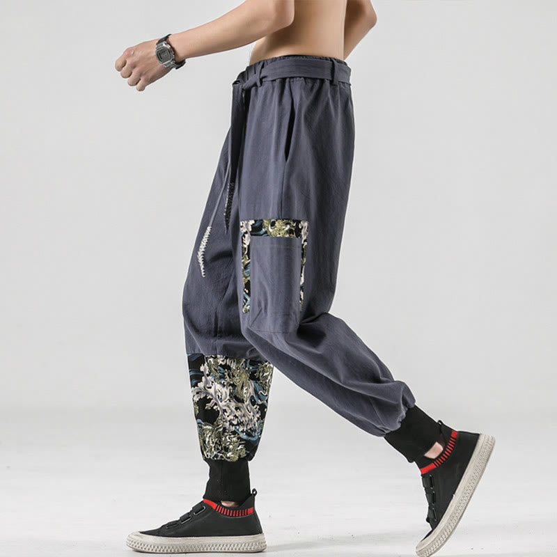 Ocean Waves Lace-up Cotton Men's Harem Pants With Pockets