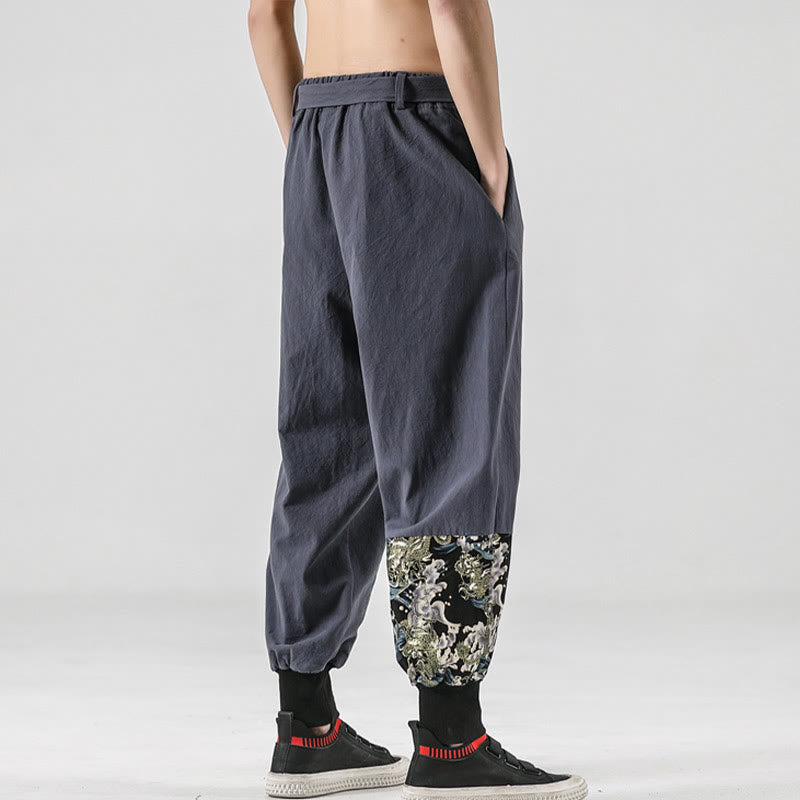 Ocean Waves Lace-up Cotton Men's Harem Pants With Pockets