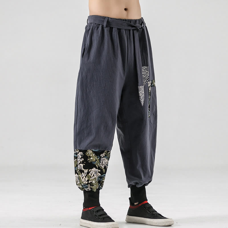 Ocean Waves Lace-up Cotton Men's Harem Pants With Pockets