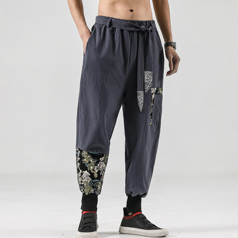 Ocean Waves Lace-up Cotton Men's Harem Pants With Pockets