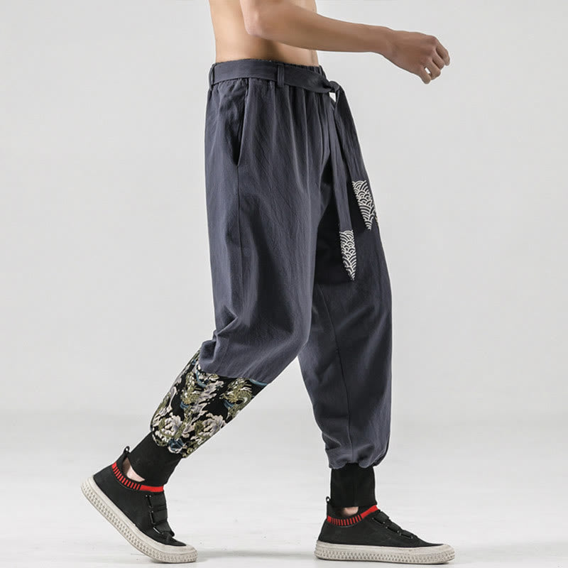 Ocean Waves Lace-up Cotton Men's Harem Pants With Pockets