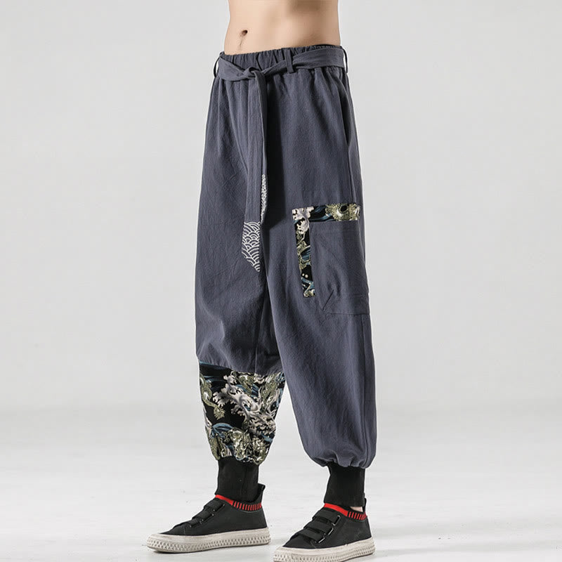 Ocean Waves Lace-up Cotton Men's Harem Pants With Pockets