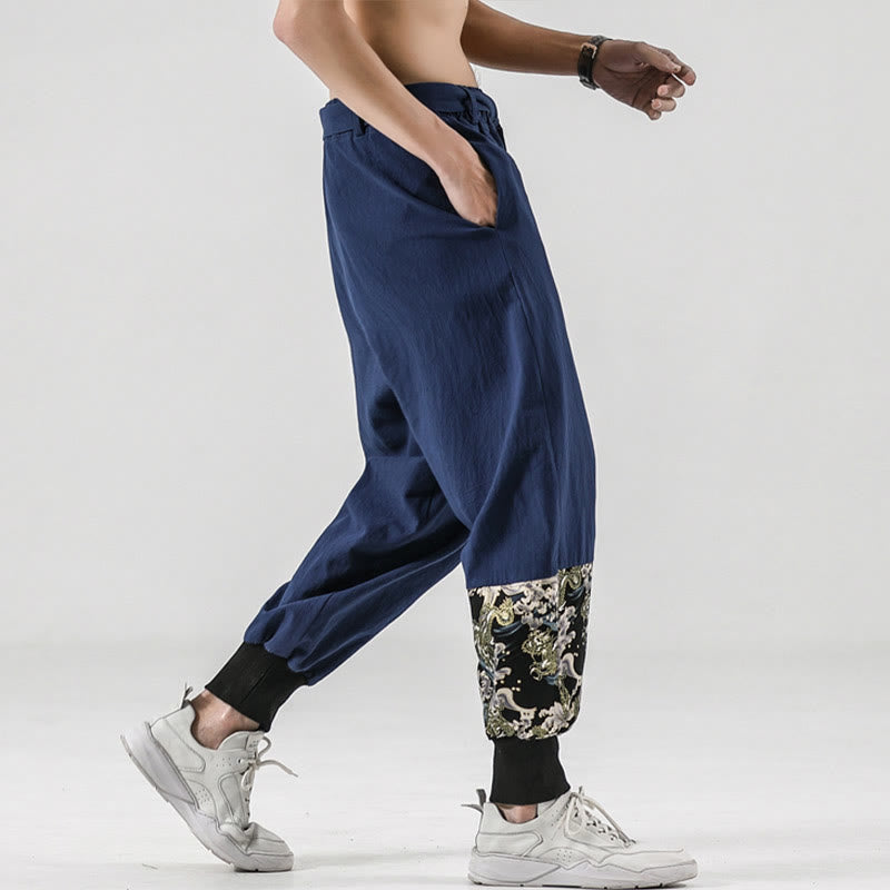 Ocean Waves Lace-up Cotton Men's Harem Pants With Pockets