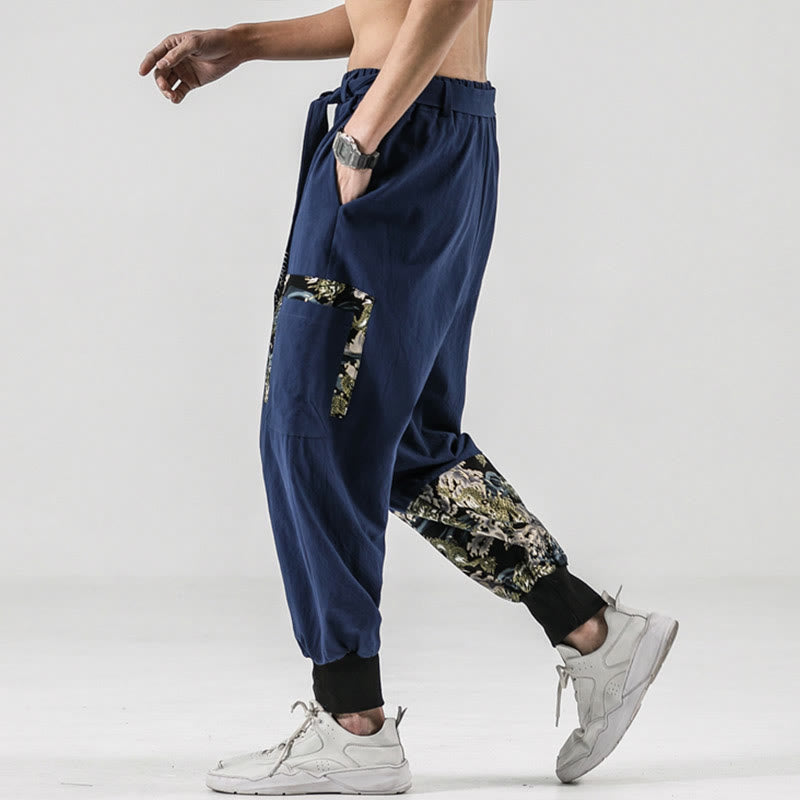 Ocean Waves Lace-up Cotton Men's Harem Pants With Pockets