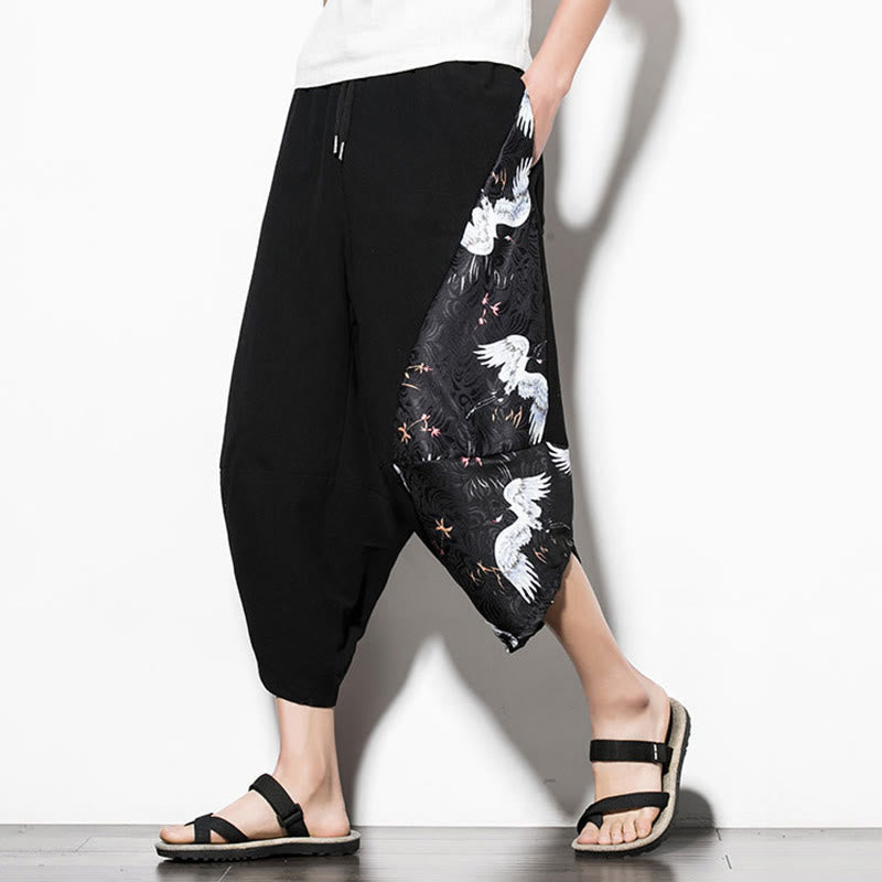 White Crane Print Cotton Men's Cropped Harem Pants With Pockets