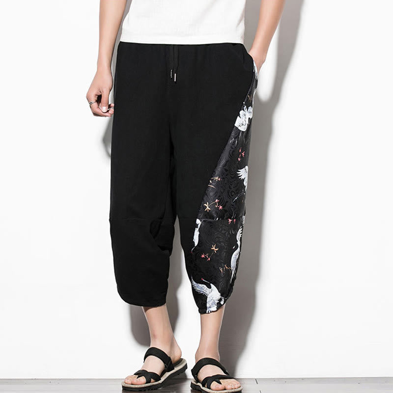 White Crane Print Cotton Men's Cropped Harem Pants With Pockets