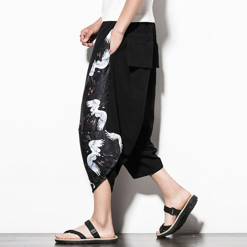 White Crane Print Cotton Men's Cropped Harem Pants With Pockets