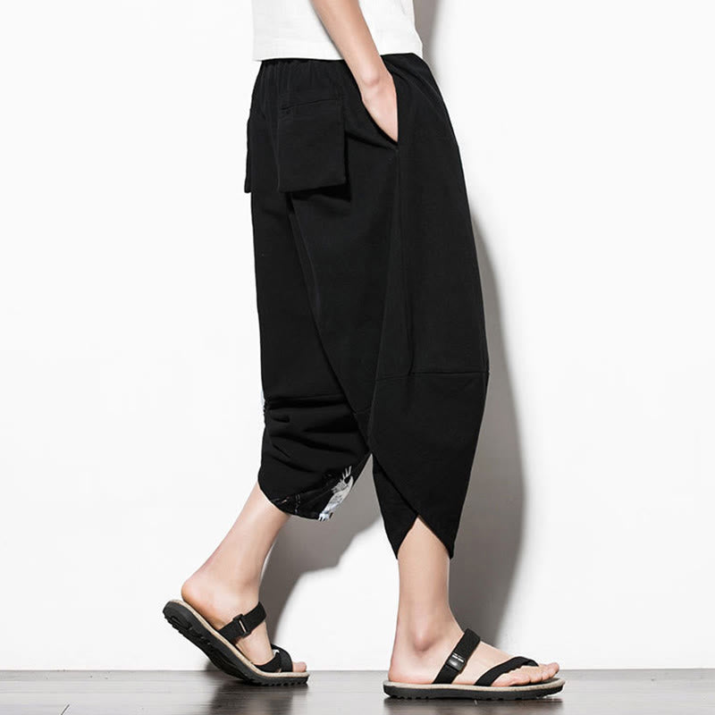 White Crane Print Cotton Men's Cropped Harem Pants With Pockets