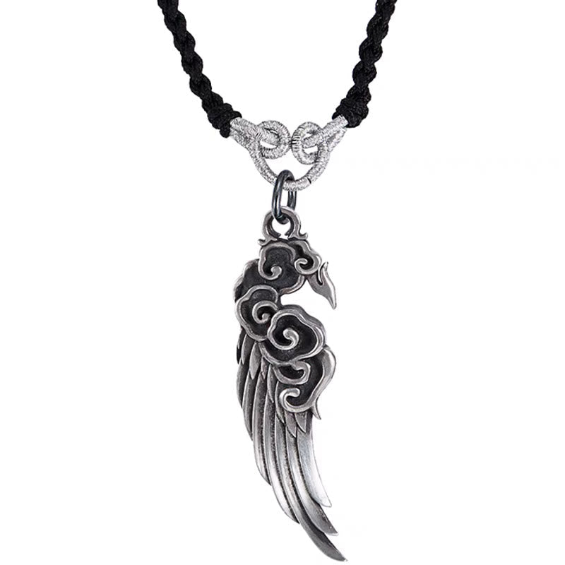 925 Sterling Silver Auspicious Clouds Wing Cotton Rope Deerskin Rope Necklace Pendant