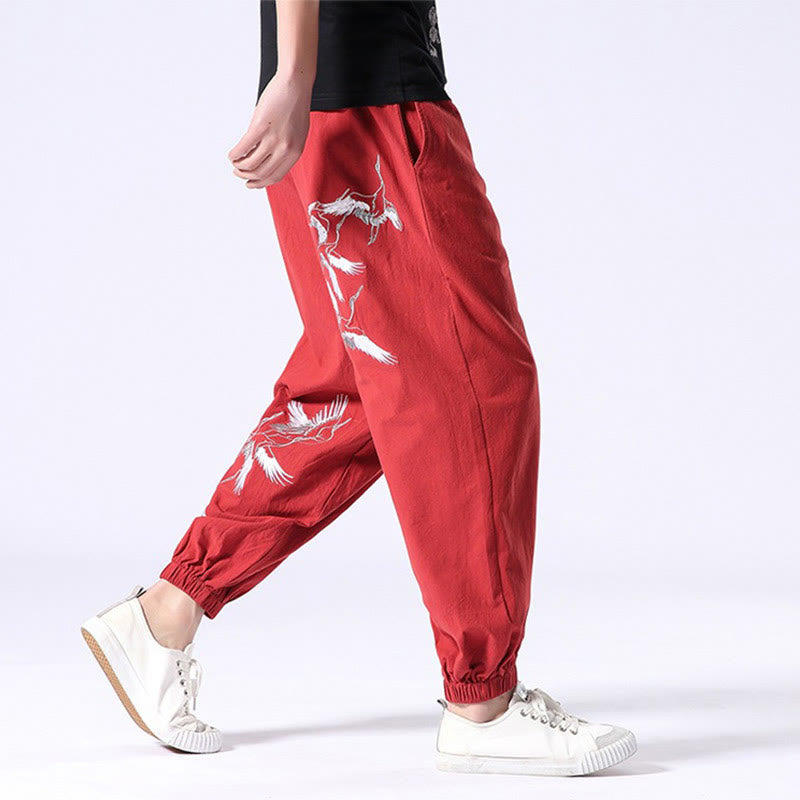 White Crane Embroidery Design Drawstring Men's Harem Pants With Pockets