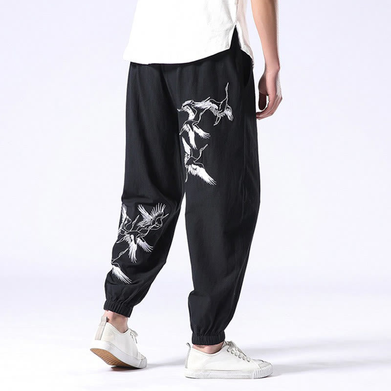 White Crane Embroidery Design Drawstring Men's Harem Pants With Pockets