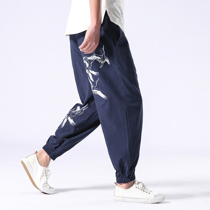 White Crane Embroidery Design Drawstring Men's Harem Pants With Pockets