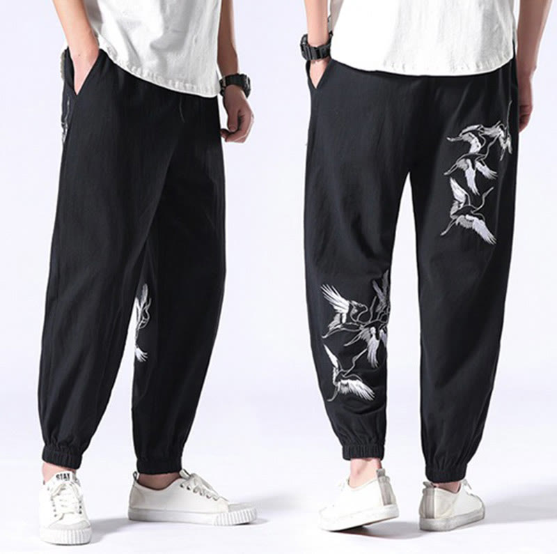 White Crane Embroidery Design Drawstring Men's Harem Pants With Pockets