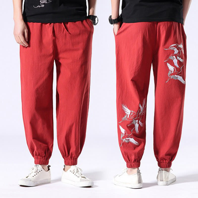 White Crane Embroidery Design Drawstring Men's Harem Pants With Pockets