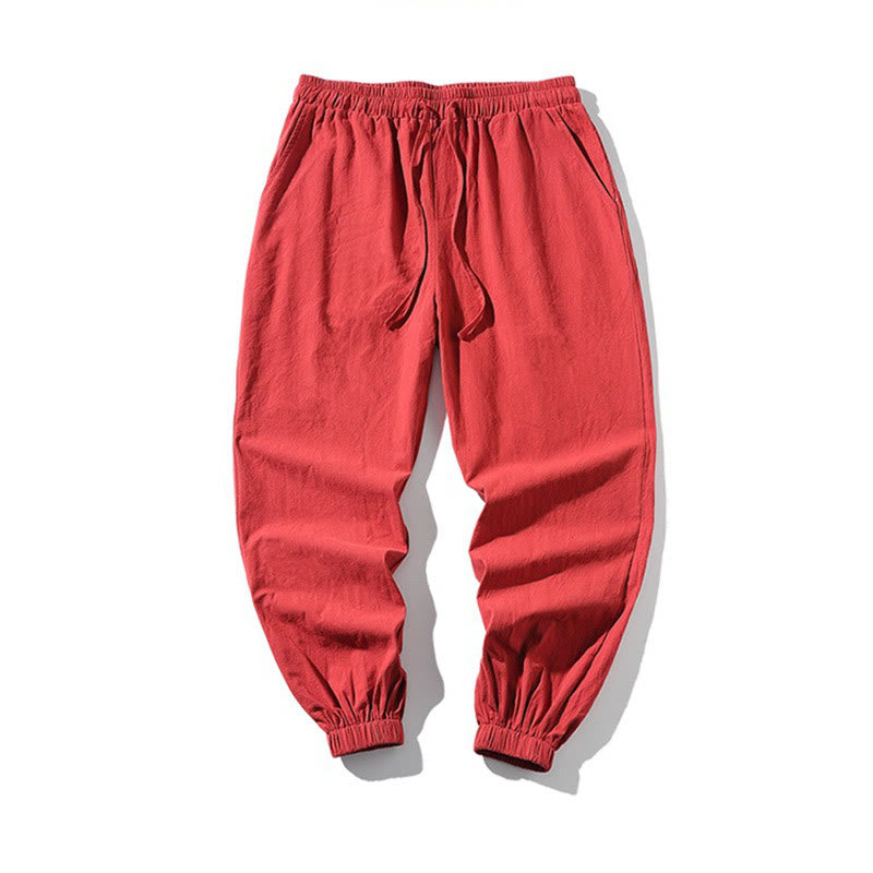 White Crane Embroidery Design Drawstring Men's Harem Pants With Pockets