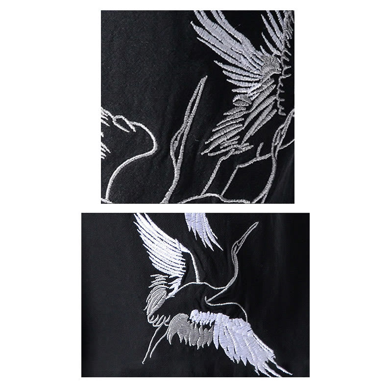 White Crane Embroidery Design Drawstring Men's Harem Pants With Pockets