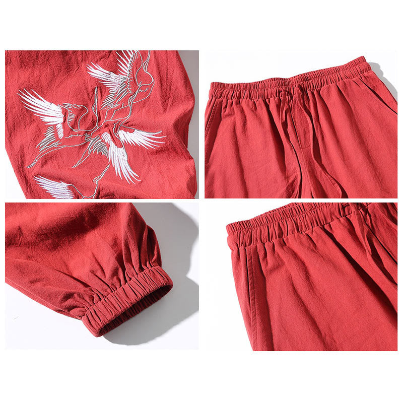 White Crane Embroidery Design Drawstring Men's Harem Pants With Pockets