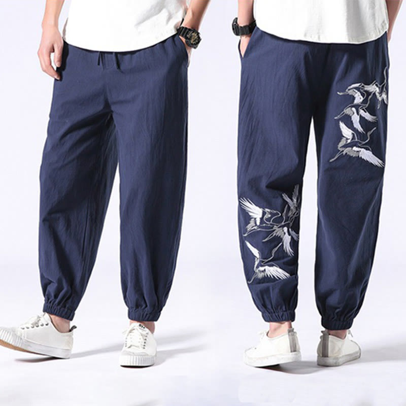 White Crane Embroidery Design Drawstring Men's Harem Pants With Pockets