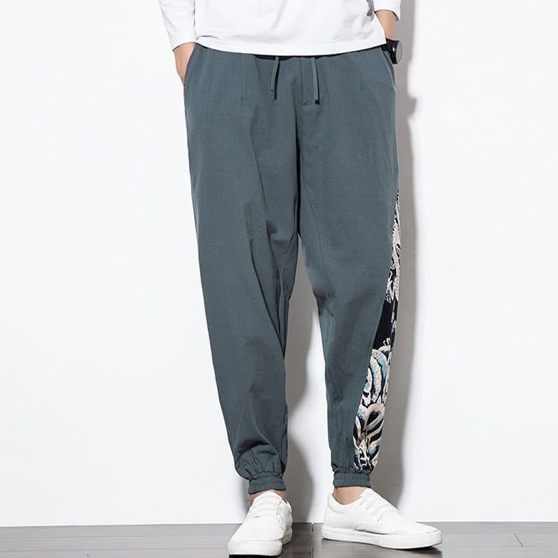 Summer Dragon Waves Cotton Men's Pants With Pockets
