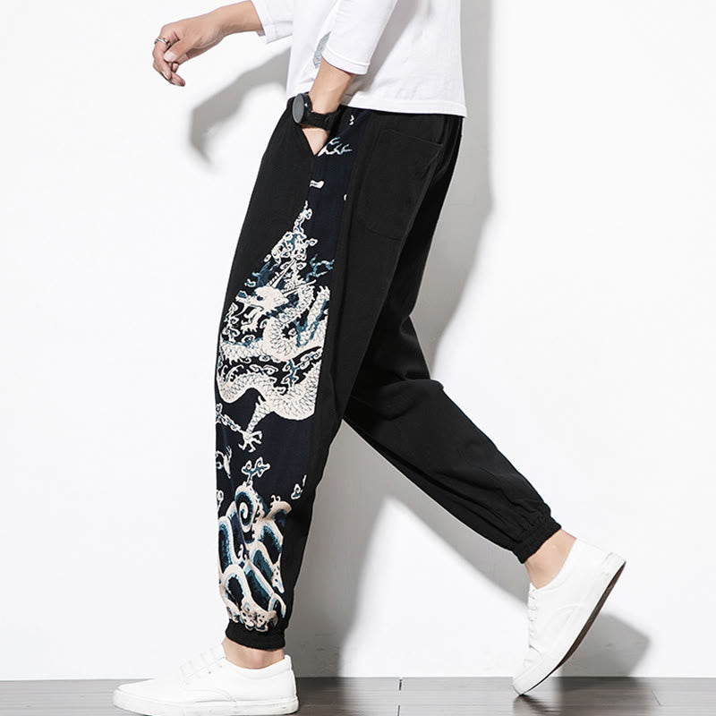 Summer Dragon Waves Cotton Men's Pants With Pockets