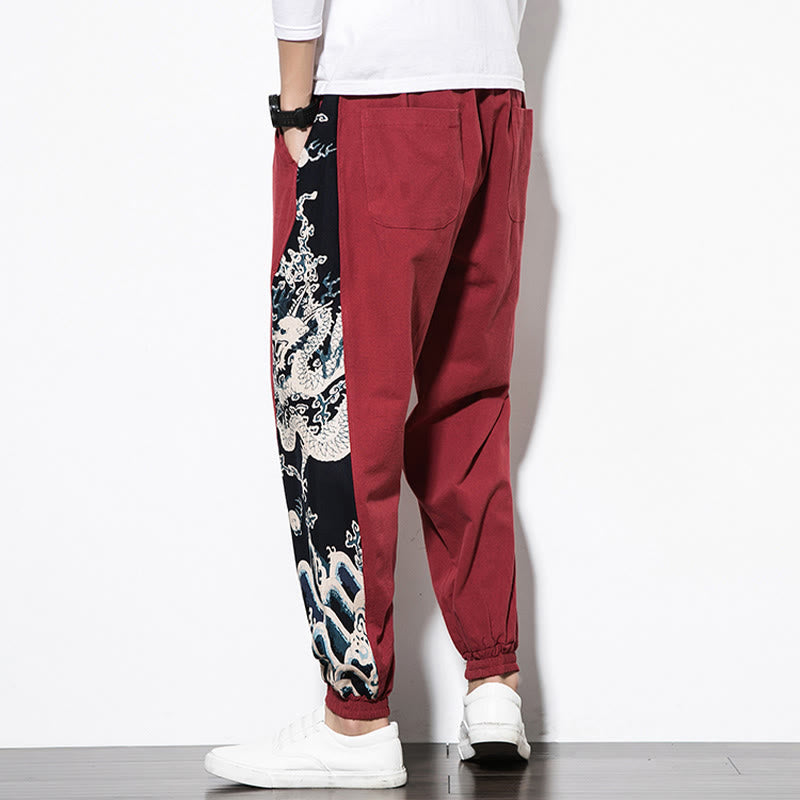 Summer Dragon Waves Cotton Men's Pants With Pockets