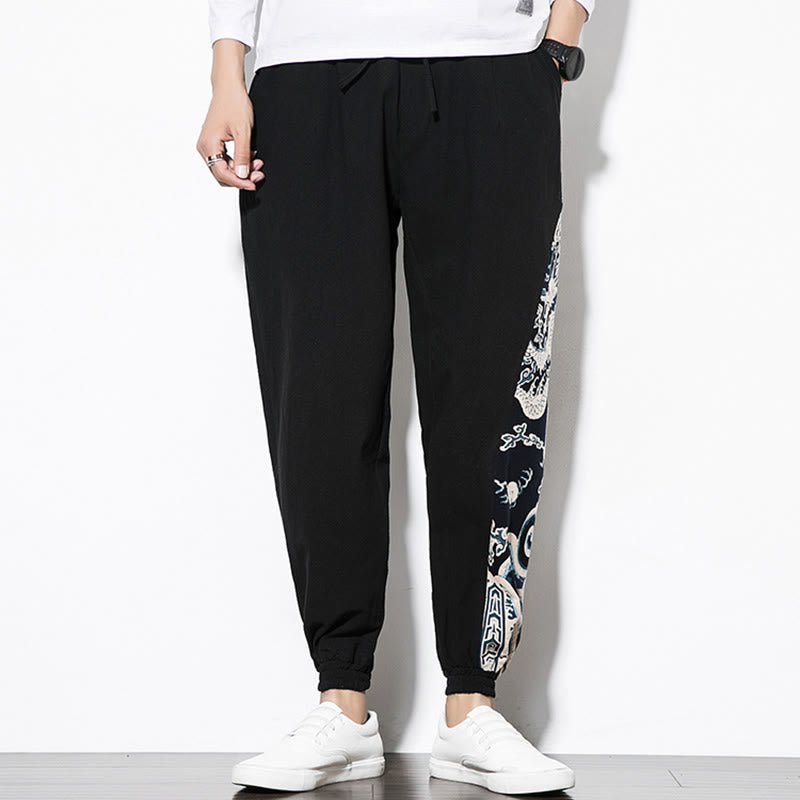 Summer Dragon Waves Cotton Men's Pants With Pockets