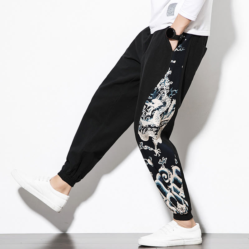 Summer Dragon Waves Cotton Men's Pants With Pockets