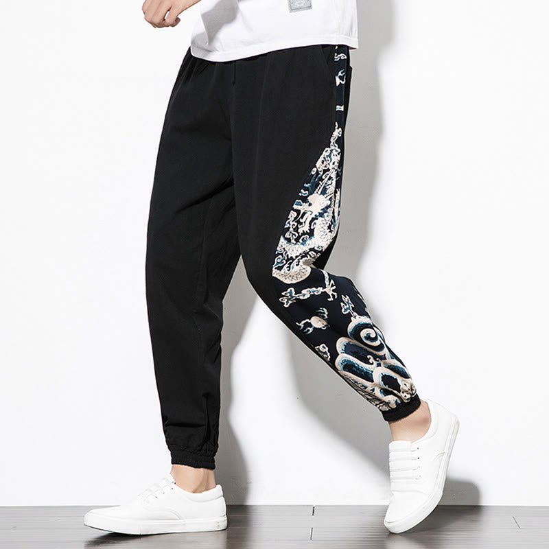 Summer Dragon Waves Cotton Men's Pants With Pockets