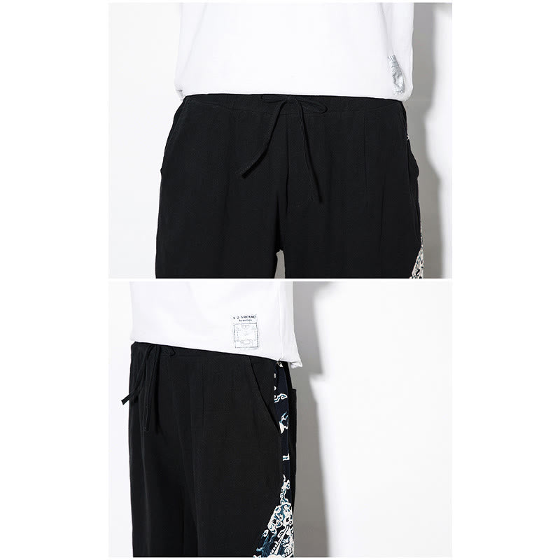 Summer Dragon Waves Cotton Men's Pants With Pockets