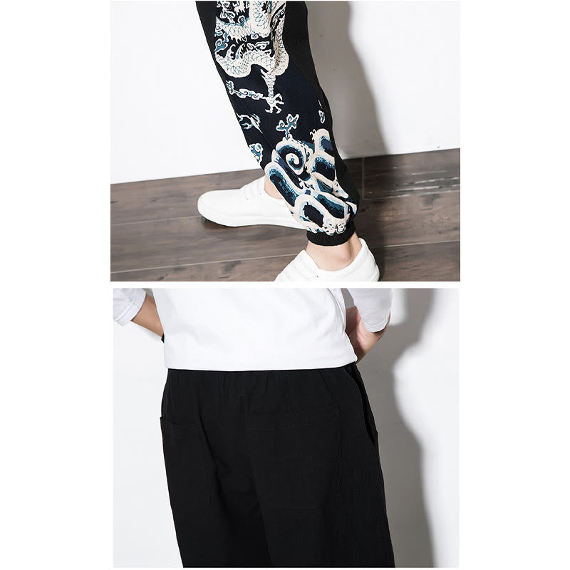 Summer Dragon Waves Cotton Men's Pants With Pockets