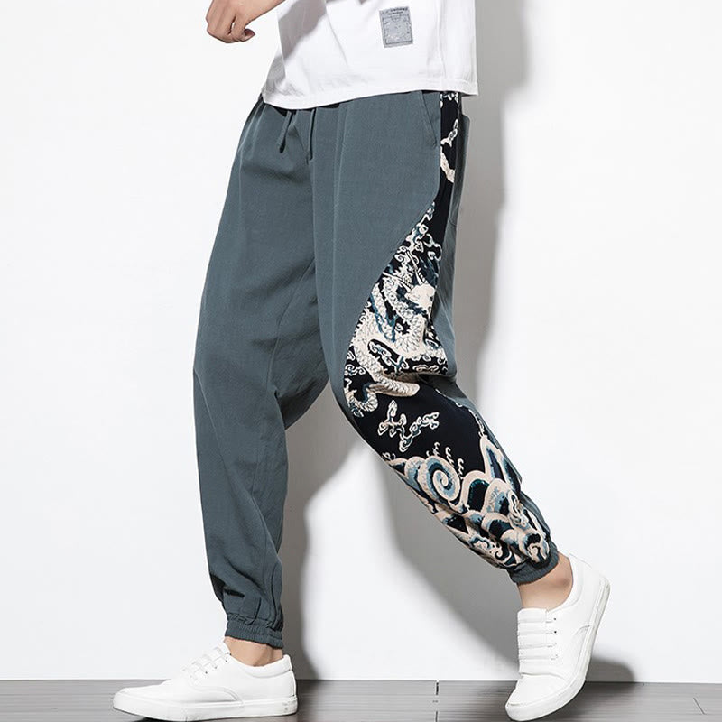 Summer Dragon Waves Cotton Men's Pants With Pockets