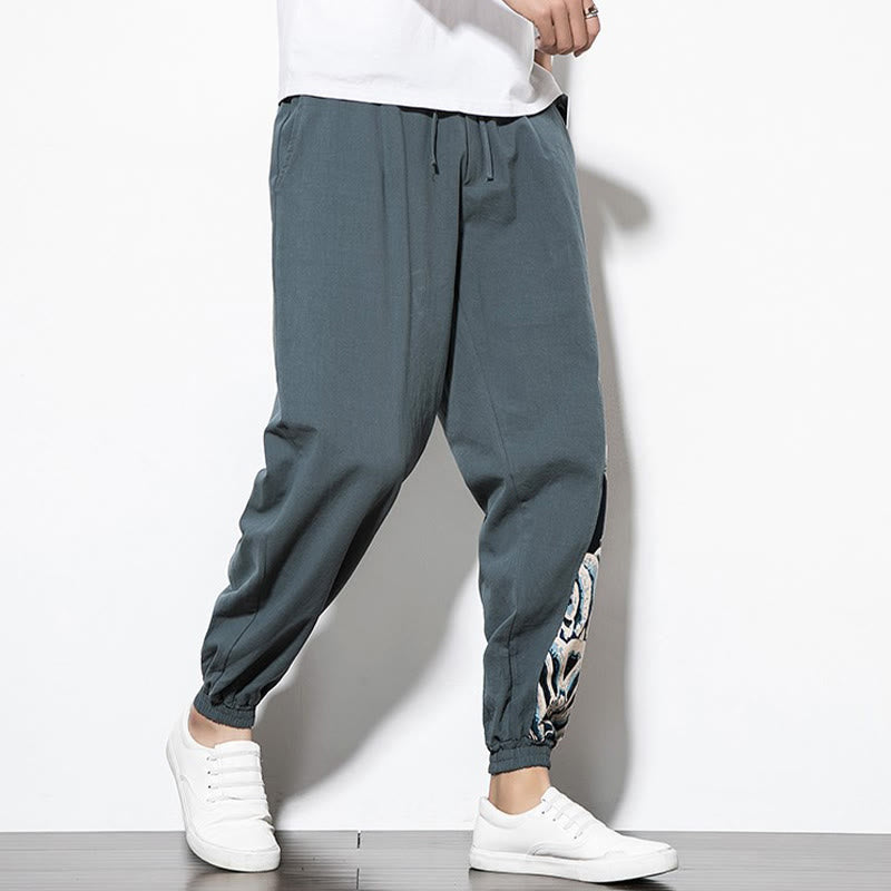 Summer Dragon Waves Cotton Men's Pants With Pockets