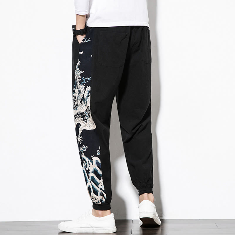 Summer Dragon Waves Cotton Men's Pants With Pockets