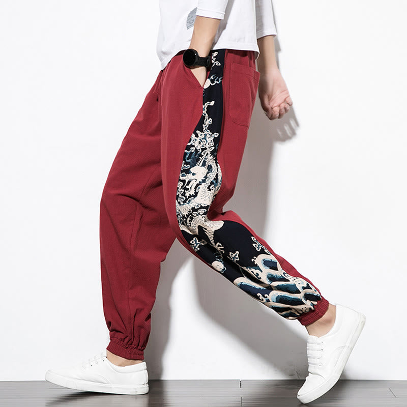 Summer Dragon Waves Cotton Men's Pants With Pockets