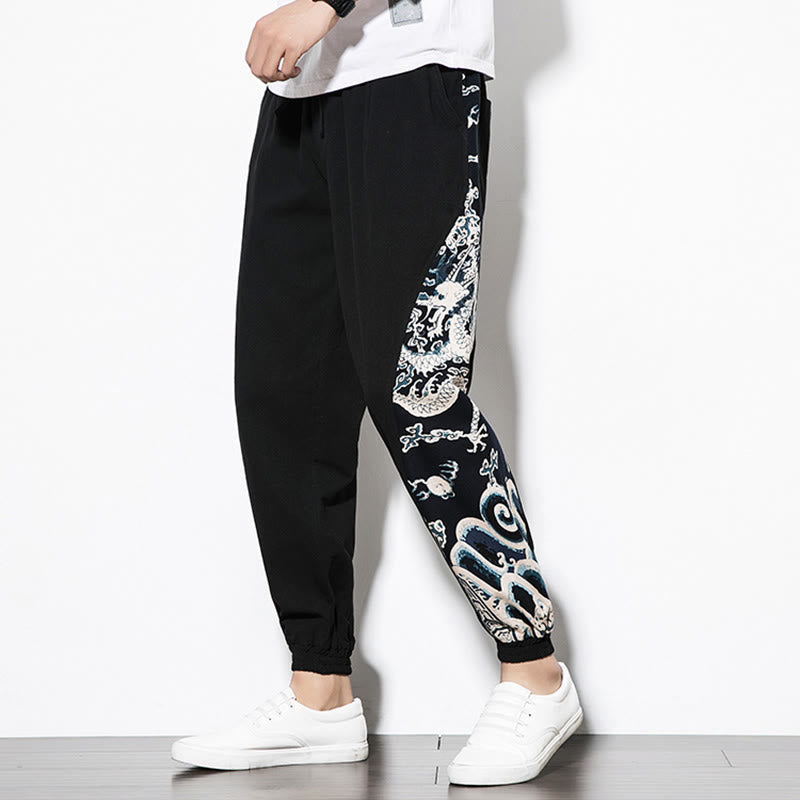 Summer Dragon Waves Cotton Men's Pants With Pockets