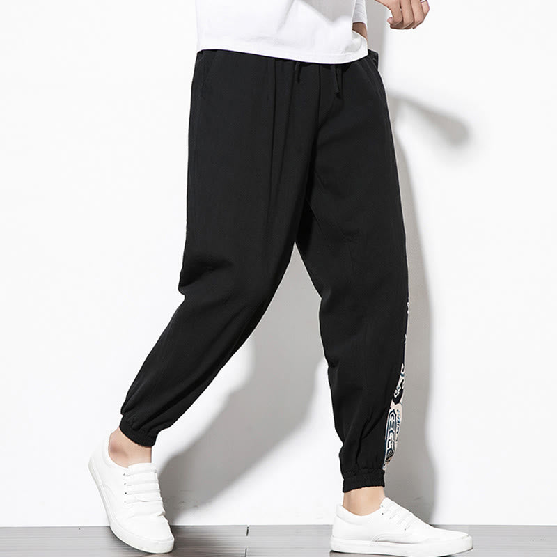 Summer Dragon Waves Cotton Men's Pants With Pockets