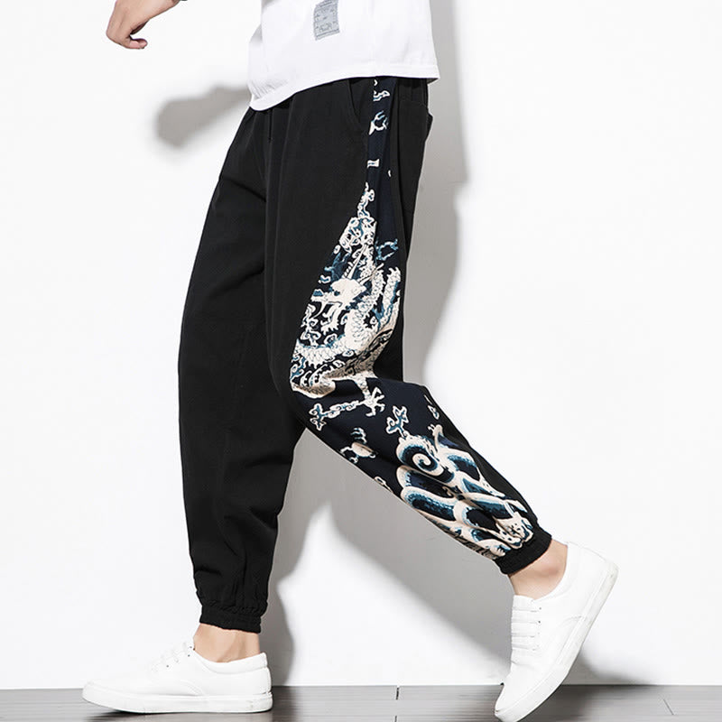 Summer Dragon Waves Cotton Men's Pants With Pockets