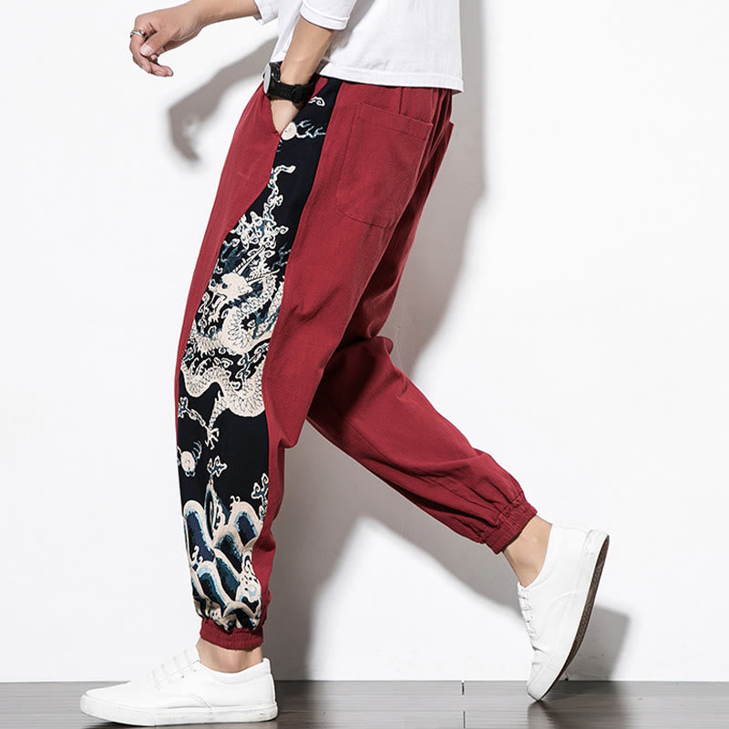 Summer Dragon Waves Cotton Men's Pants With Pockets
