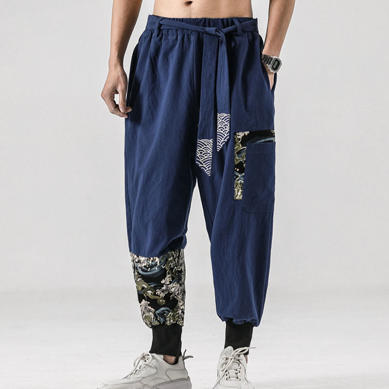 Ocean Waves Lace-up Cotton Men's Harem Pants With Pockets