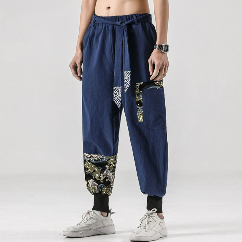 Ocean Waves Lace-up Cotton Men's Harem Pants With Pockets