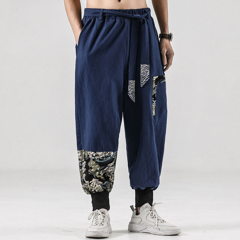 Ocean Waves Lace-up Cotton Men's Harem Pants With Pockets